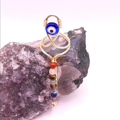 Natural Crystal Gemstone - 7 Stone Chakra Ankh Statement Ring for Balancing Energy Centers