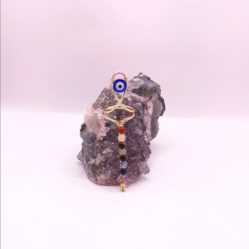 Natural Crystal Gemstone - 7 Stone Chakra Ankh Statement Ring for Balancing Energy Centers