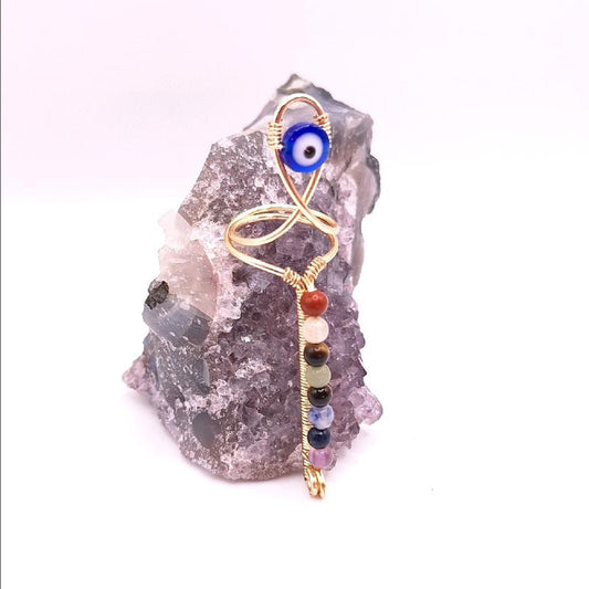 Natural Crystal Gemstone - 7 Stone Chakra Ankh Statement Ring for Balancing Energy Centers