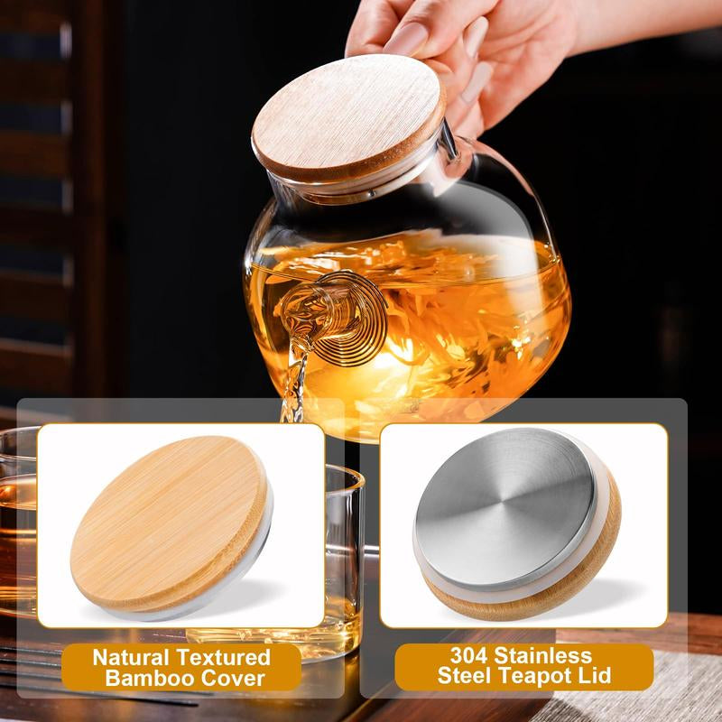 Glass Teapot Stovetop 34 Oz/1000Ml, Borosilicate Clear Tea Kettle with Bamboo Lid, Glass Tea Pot with Removable Filter Spout, Teapot Blooming and Loose Leaf Tea Maker Tea Brewer for Camping