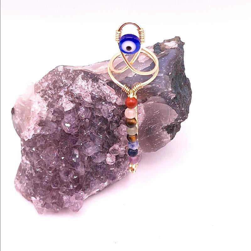 Natural Crystal Gemstone - 7 Stone Chakra Ankh Statement Ring for Balancing Energy Centers