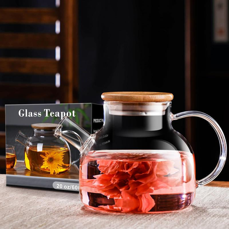 Glass Teapot Stovetop 34 Oz/1000Ml, Borosilicate Clear Tea Kettle with Bamboo Lid, Glass Tea Pot with Removable Filter Spout, Teapot Blooming and Loose Leaf Tea Maker Tea Brewer for Camping