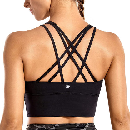 Women'S Strappy Longline Sports Bras - Wirefree Padded Medium Impact Workout Crop Tank Top