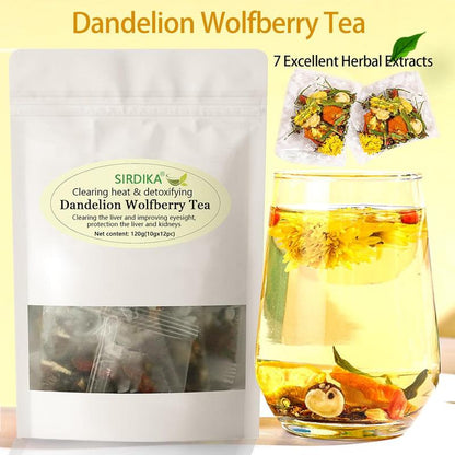 Dandelion Wolfberry Tea - Seven Herbal Ingredients Natural Blend, 120G/12Pc, Organic - Kidneys & Liver Health Tea - Fruit, Beverage Support Kidney