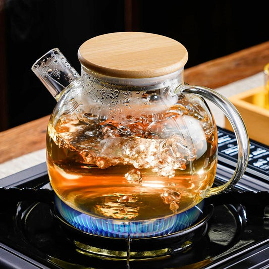 Glass Teapot Stovetop 34 Oz/1000Ml, Borosilicate Clear Tea Kettle with Bamboo Lid, Glass Tea Pot with Removable Filter Spout, Teapot Blooming and Loose Leaf Tea Maker Tea Brewer for Camping