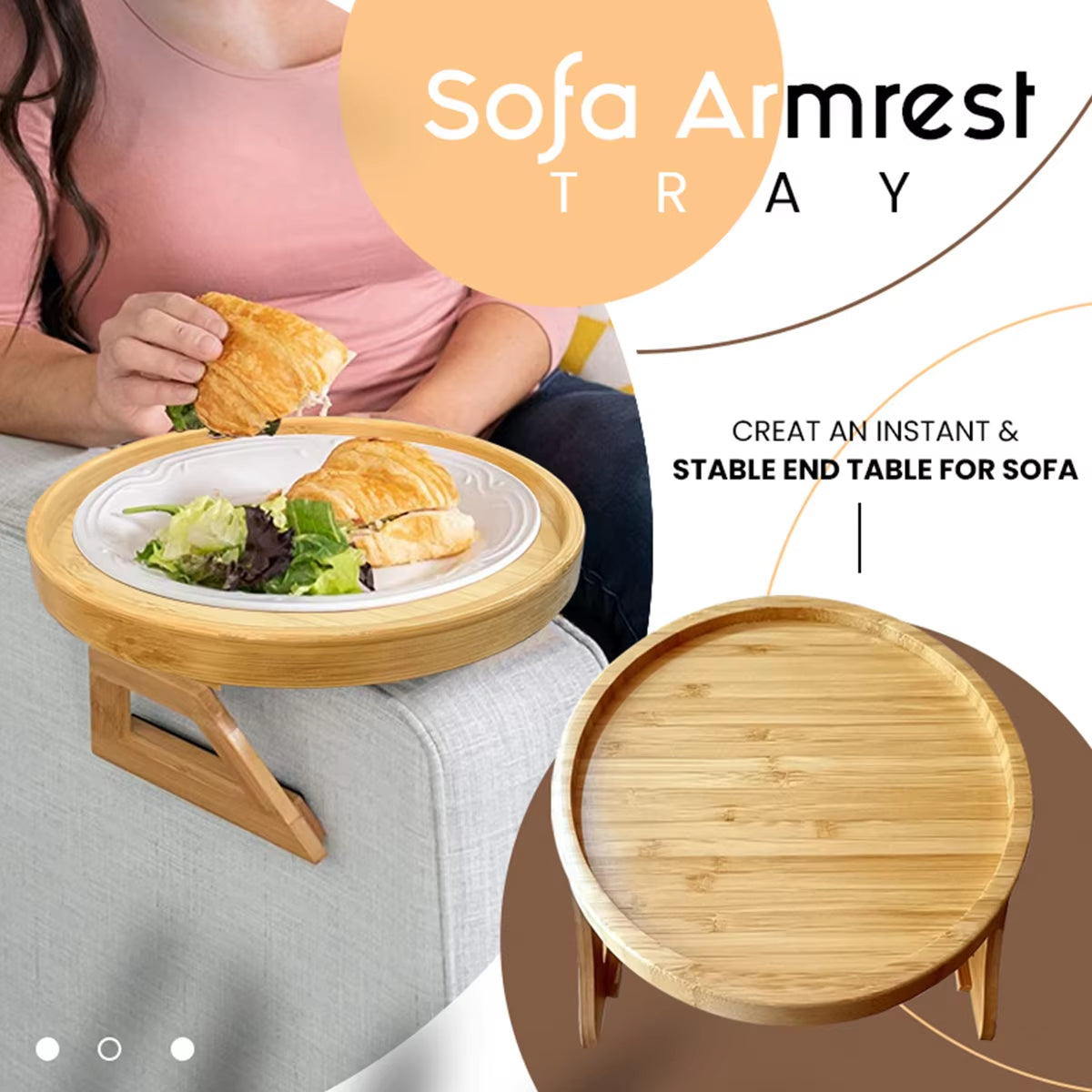 Natural Pine Wood Sofa Side Tables round Portable and Foldable Sofa Armrest Clip-On Tray Waterproof Sofa Couch Arm Rest Organize