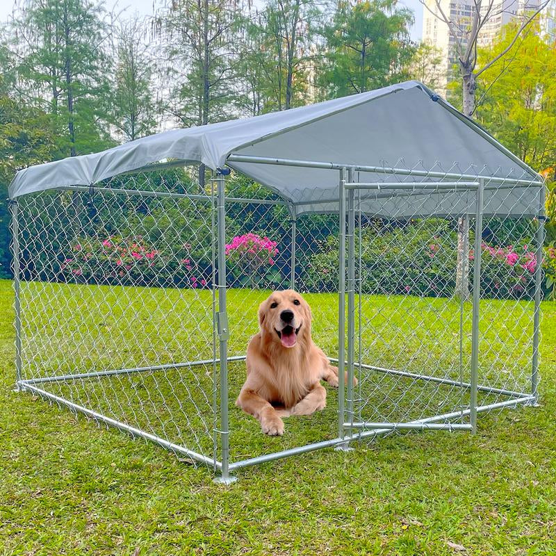 Upgraded Outdoor Dog Kennel with Roof, Large Dog House Pen Enclosure with Sidebar, Heavy Duty Chain Link Dog Kennel with Lock for outside Backyard，Great Companion for Dogs