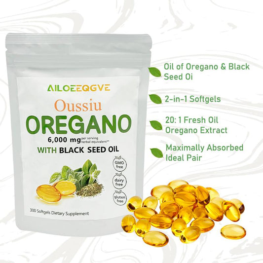 Ingredients Oil of Oregano Softgels, 2 in 1- 6000Mg Oil of Oregano with Black Seed Oil 200Mg, Oregano Oil Supplement Capsules, Non-Gmo, Gluten Free, 300 Softgel Capsules Immune Supplement Aceite De Oil Of