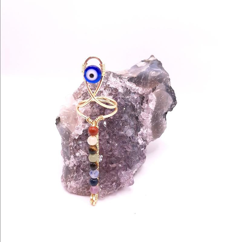 Natural Crystal Gemstone - 7 Stone Chakra Ankh Statement Ring for Balancing Energy Centers