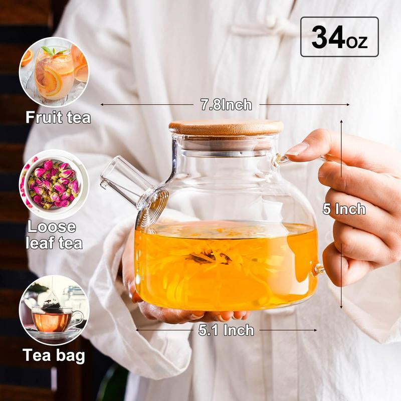 Glass Teapot Stovetop 34 Oz/1000Ml, Borosilicate Clear Tea Kettle with Bamboo Lid, Glass Tea Pot with Removable Filter Spout, Teapot Blooming and Loose Leaf Tea Maker Tea Brewer for Camping