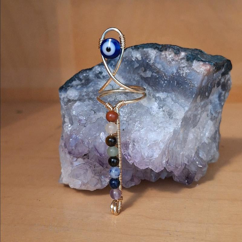 Natural Crystal Gemstone - 7 Stone Chakra Ankh Statement Ring for Balancing Energy Centers